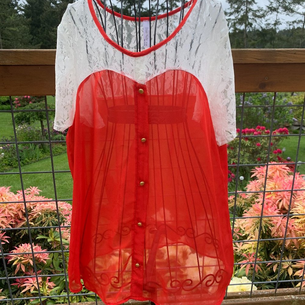 Blue Note Women's size 2X Red Sheer Blouse with Lace Yoke
